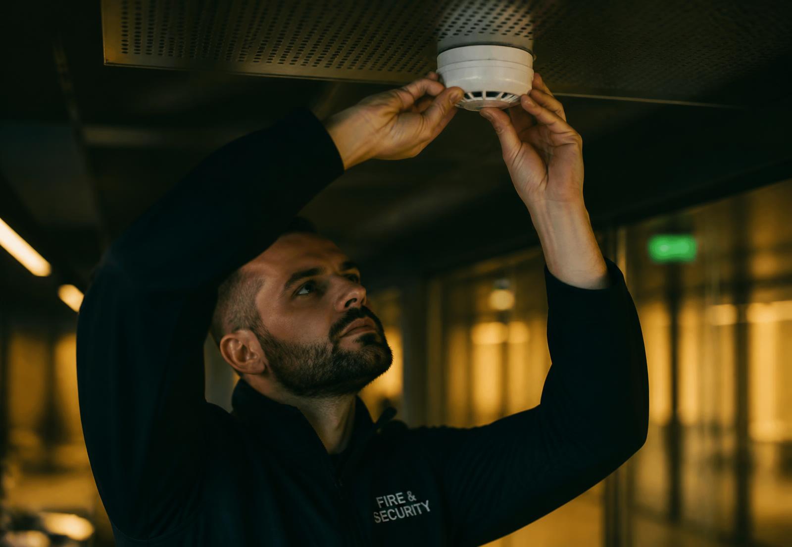 Engineer installing a fire detection sensor in a commercial building